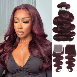 ANMETAN 99j Purplish Wine Red Color HD Closure with Bundles 100% Unprocessed Virgin Remy Hair 3/4 Bundles with HD Lace Closure