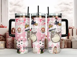 Cute Studio Ghibli Character Collage Pink Checkered Tumbler - Featuring Totoro, Kiki, Ponyo, Jiji & Princess Mononoke - 40oz Insulated Stainless Steel Travel Mug with Handle & Straw - Perfect Kawaii Anime Fan Gift