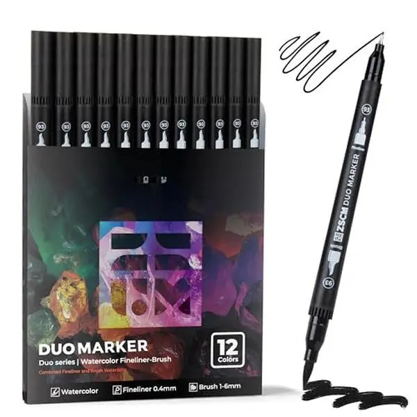 ZSCMBlack Duo Tip Marker Pens, 12 Pack Fine & Brush Markers for Adult Coloring Books No Bleeding, Jet Black Markers for Outlining, Sketching, Japanese Manga, Calligraphy and Graphic Novels