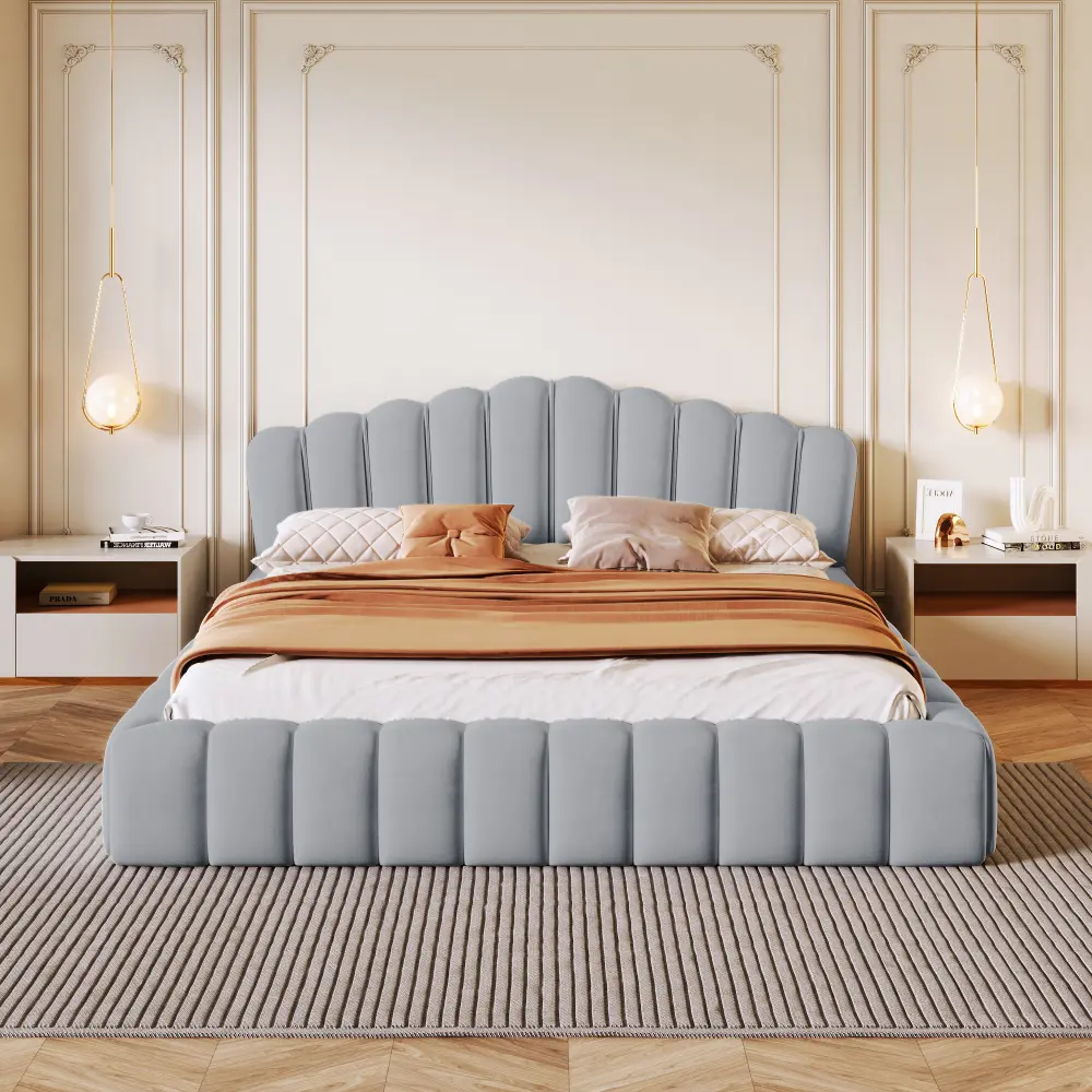 queen sized bunk beds Velvet Upholstered Queen Bed Floor Bed Frame Shell-Shaped Headboard for Bedroom,No Box Spring Needed,Light Blue