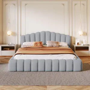 queen sized bunk beds Velvet Upholstered Queen Bed Floor Bed Frame Shell-Shaped Headboard for Bedroom,No Box Spring Needed,Light Blue