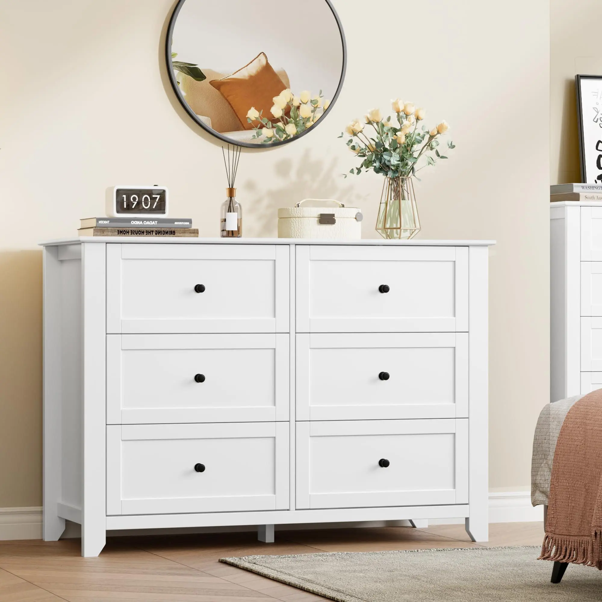 White 6 Drawer Dresser for Bedroom, Large Dresser with Deep Drawers & Metal Knobs, Modern Wooden Chests of Drawers for Entryway, Hallway