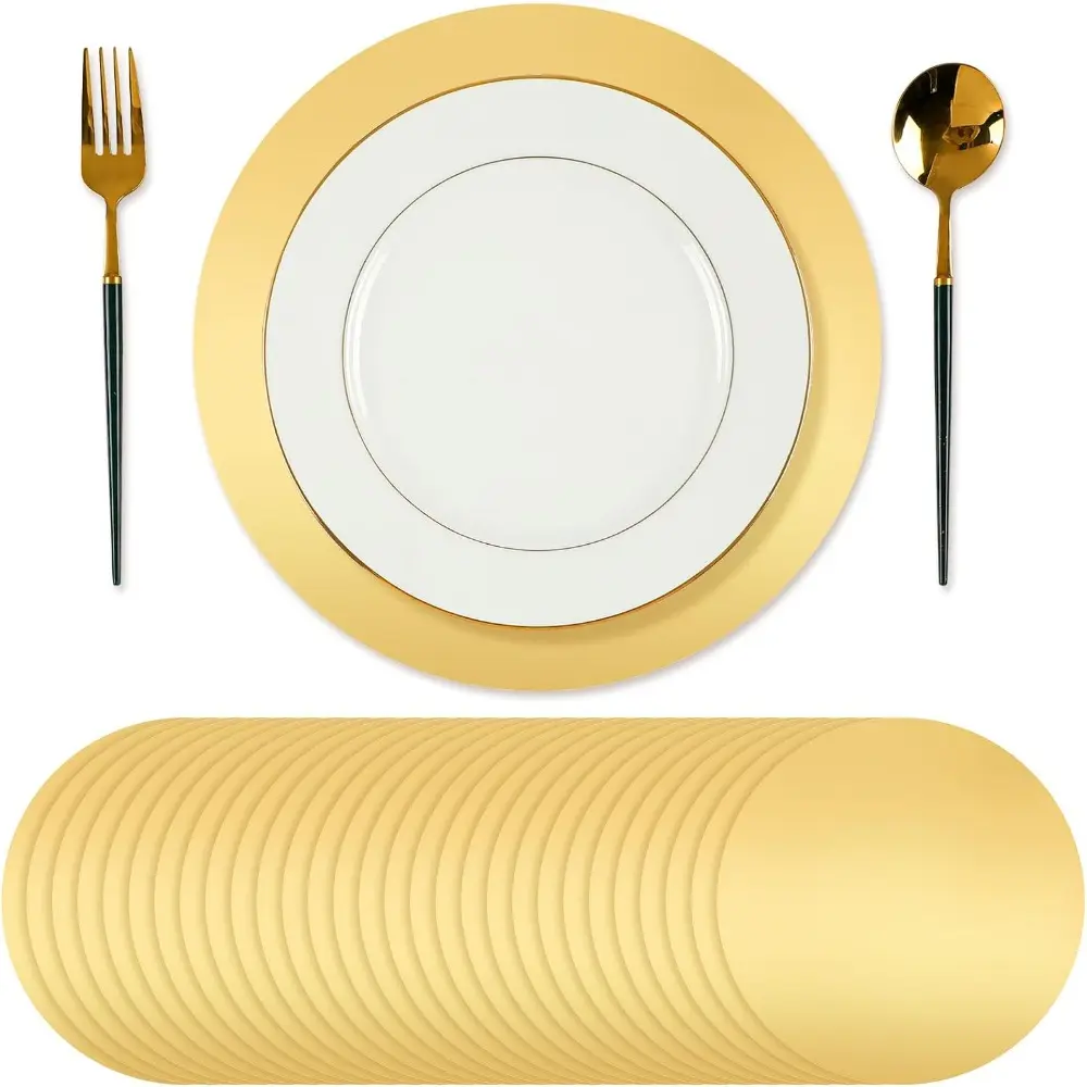 Aesthetic Glitter Shine Large Round Disposable Placemats & Coasters - 11.42" (29cm) Dia. Glossy Aluminum Foil, Lightweight and Easy to Carry Kitchen Tableware for Kids, Birthday, Table Protection