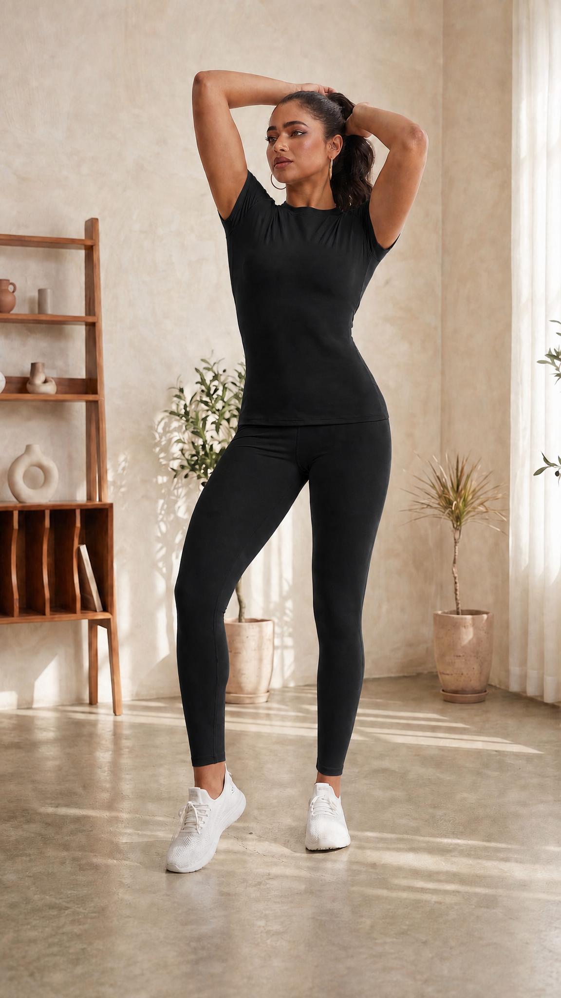 2-Piece Solid-Color Athletic T-Shirt Set Women's Sportswear Set, Slim-Fit RoundNeck Short Sleeves & High-Waisted YogaPants, Ideal for Gym Running OutdoorActivities,  Stretchy Suit Set, Fitness Outfits,Workout Running Outfits-8627 Sporty Crew Neck Sweat Su