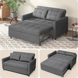 Gizoon Convertible Futon Sofa Bed, 3-in-1 Loveseat Sleeper Sofa with Pull Out Bed Couch, 53.2” Full Size Futon Couch with Side Pocket & Adjustable Backrest for Living Room, Linen Fabric, Dark Grey