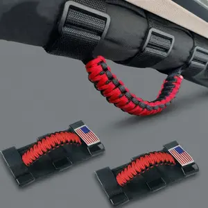 2PCS Upgrade Oxford Cloth Roll Bar Grab Handles, Metal Buckle Paracord Grip Handles Compatible with Wrangler JK JKU JL JLU JT TJ LJ YJ, Red
