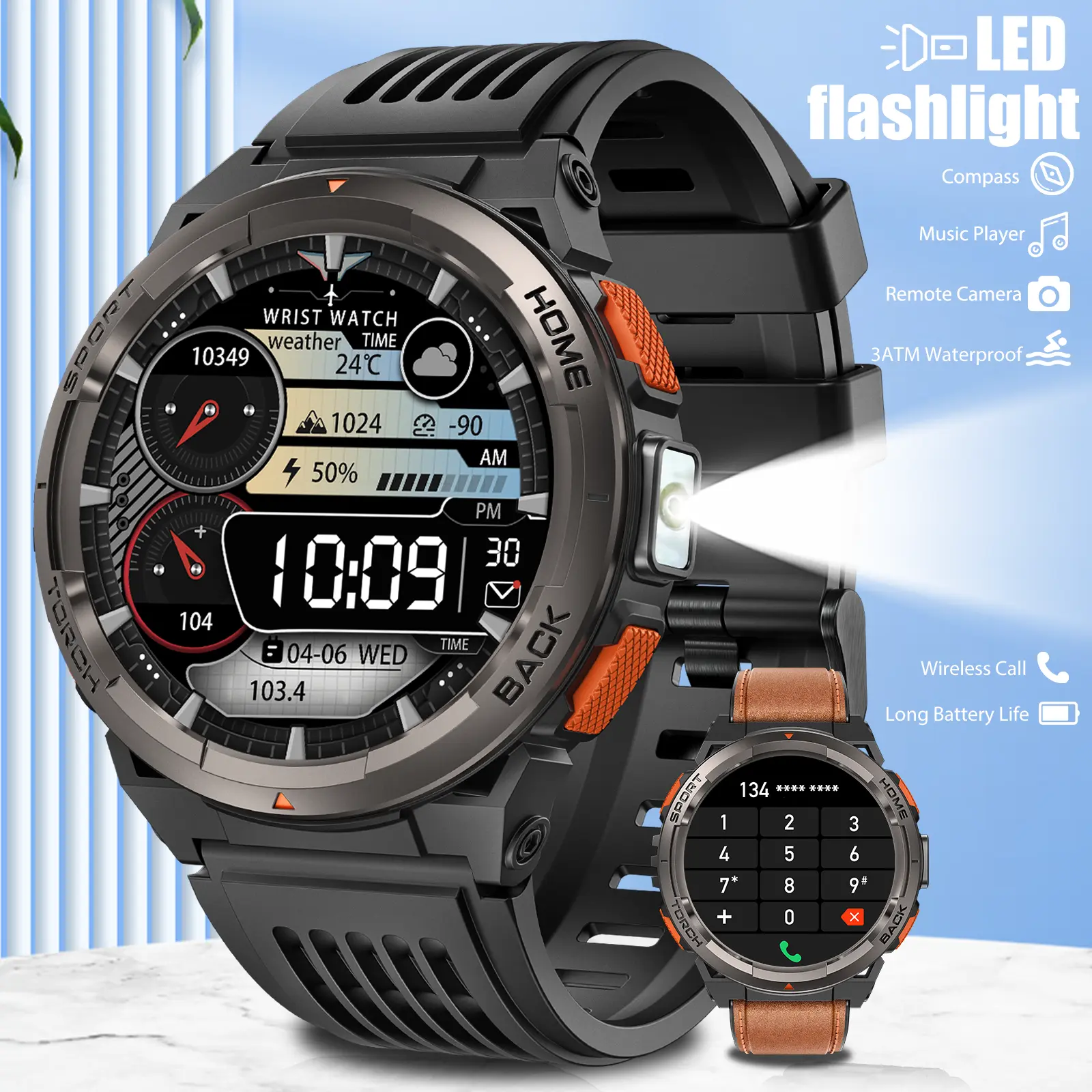 EIGIIS Rugged Smart Watch with Flashlight & Compass for Men, 3ATM Waterproof Outdoor Sport Smartwatch with Barometer & 530mAh Big Battery, 1.45'' HD Screen Fitness Activity Tracker Watch Gift for Men Android iOS