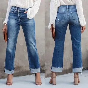 Women'sHighWaistedStraightLegJeansCrossoverStretchCasualCuffedDenimPants
