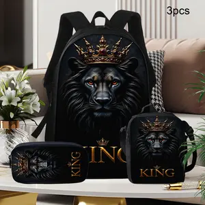 A 3pcs Black And Golden Crown Lion King Backpack Set, Including a Backpack, a lunch bag, And a Pencil Case, Featuring a Zipper Design And Adjustable Shoulder Straps. This Cool Royal Style Is Suitable for Work, School, Travel, And Camping