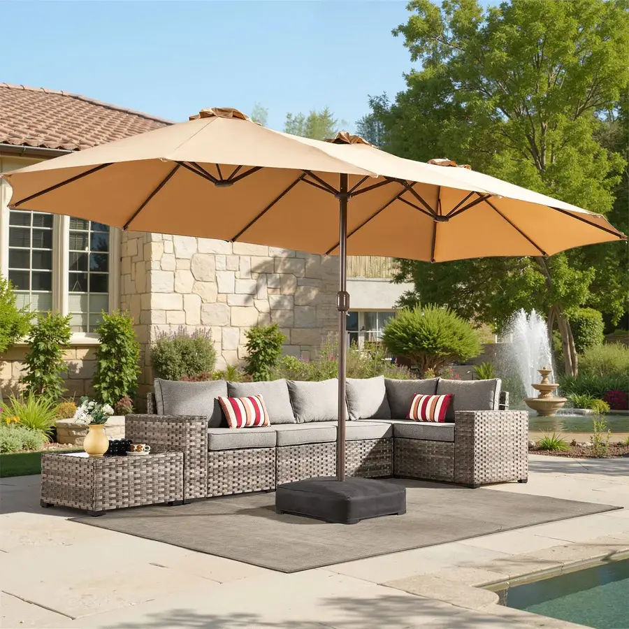 OOSWIFT 14.5ft Oversized Double-Sided Patio Umbrella, Outdoor Large Rectangular Market Umbrella with Crank Handle & Base Included for Deck Pool Shade
