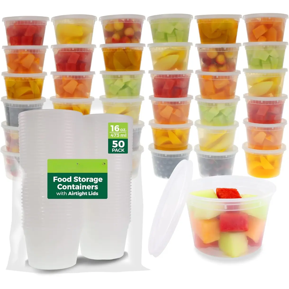 Food Storage Containers [50 Set] 16 oz Plastic Deli Containers with Lids, Slime, Soup, Meal Prep Containers | BPA Free | Stackable | Leakproof | Microwave/Dishwasher/Freezer Safe