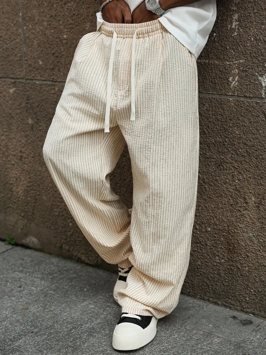 Men's Baggy Casual Pants, Ribbed Texture Wide Leg Joggers, Elastic Waist Drawstring Sweatpants, Loose Fit Streetwear Lounge Trousers, Y2K Hip Hop Track Pants for Men, Relaxed Fit Comfy Daily Wear Pants with Pockets, Spring Summer Street Outfit for Men USA