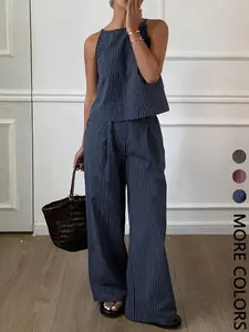 Women's Summer Striped Thin Strap Vest Top & Loose Long Pants Two-Piece Set, Casual Home Wear, Comfortable, Stylish and Chic