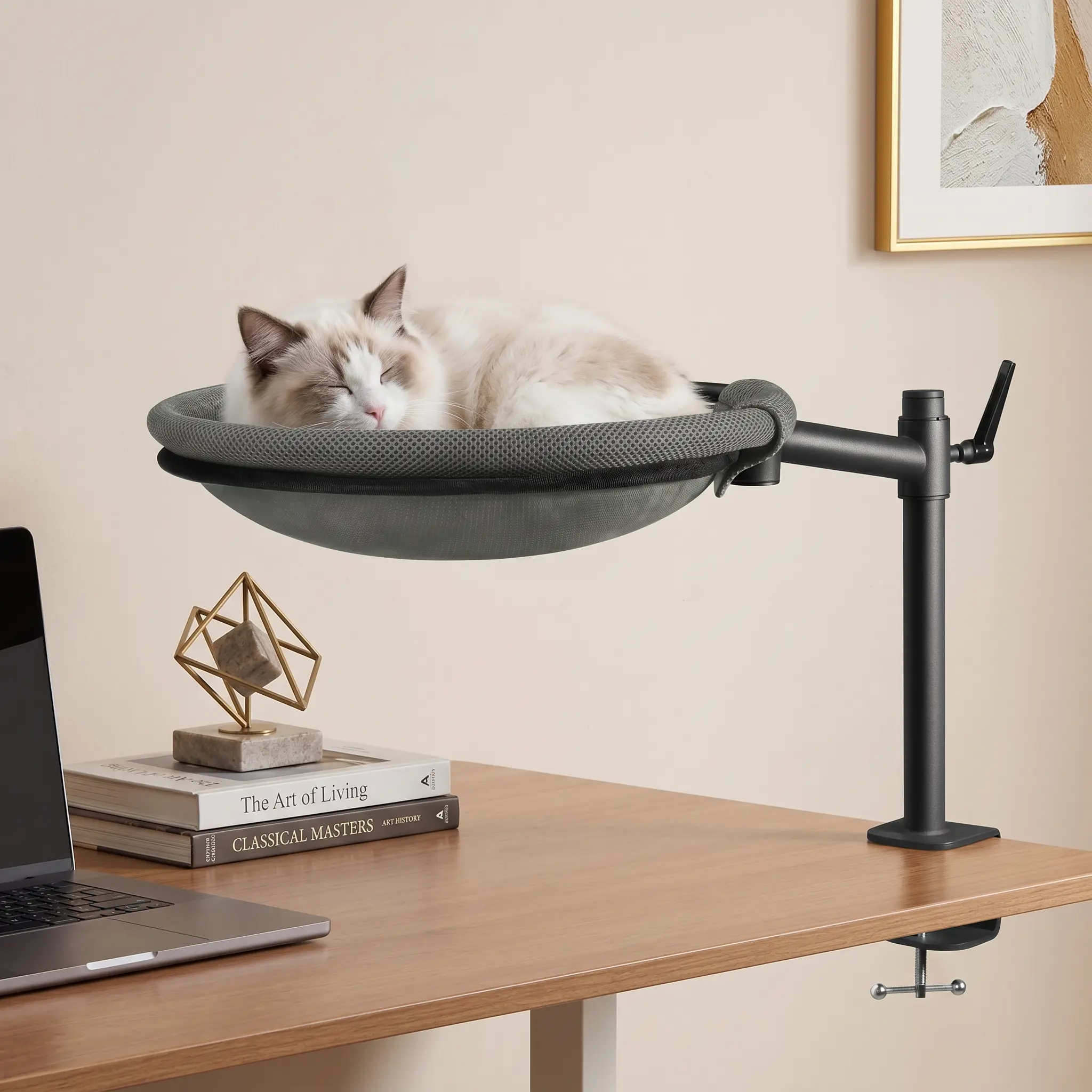 Classic Kitty Desk Bed - 360° Swivels Hammock, 40lb Capacity, Adjustable Height, Secure Clamps, Breathable Mesh, Removable Cover, Keyboard-Safe Perch for Home & Work Desks
