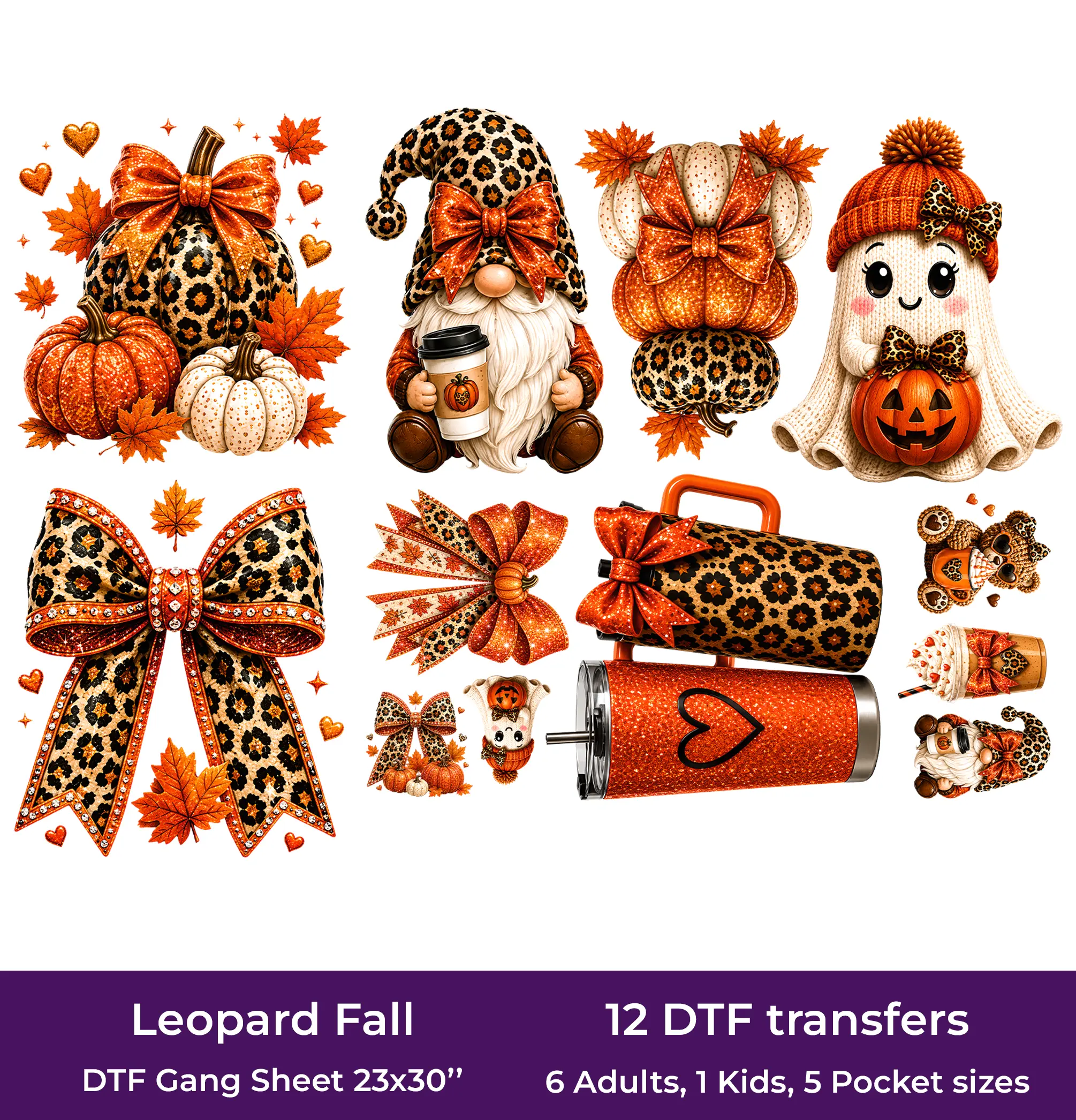 Leopard Fall DTF Gang Sheet, 23x30 in. Cute Ready to Press Heat transfers