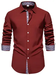 Men's Patchwork Print Button Front Shirt, Regular Fit Fitted Casual Button Down Long Sleeve Collared Top for Fall & Winter, Men's Clothes for Daily Wear