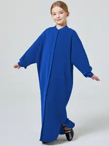 Girls' Plain Long Abaya Dress, Modest Fitted Design with Button Front & Split Sleeves, Natural Waist All-Season Wear