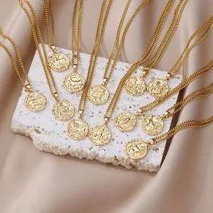 Personality Stainless Steel 12 Constellation Pattern Pendant Necklace gold-plated Color Necklace Gift