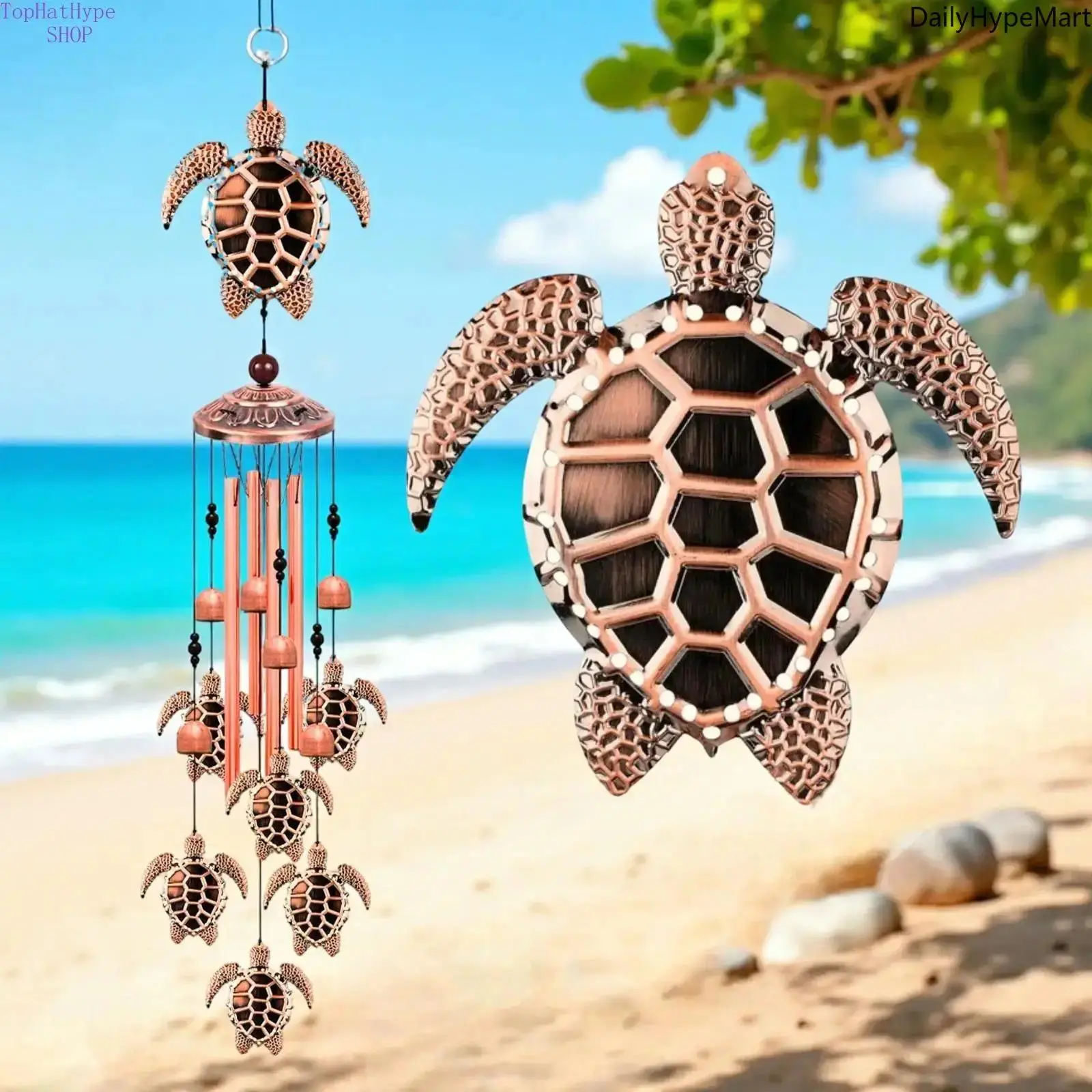 Decorative Sea Turtle Wind Chime, 33" Large Coastal Metal Chime with Melodic Tones for Outdoor Garden & Patio Home Decor, Decorative Wind Chime