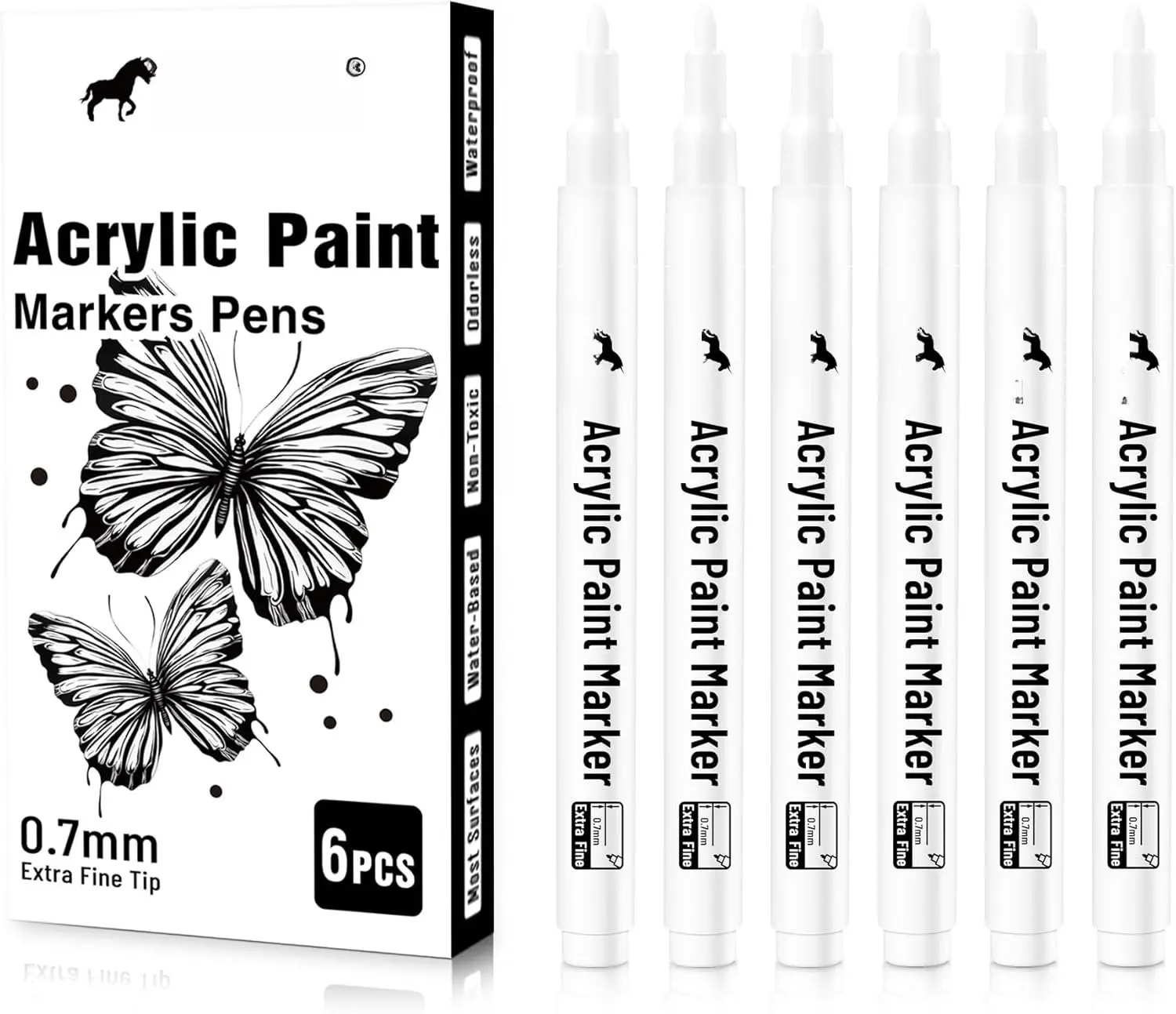 6-Pack 0.7mm Extra Fine Tip White Pens - Odorless Vibrant Color White Markers for Rock Painting, DIY Crafts, Office Stationery & Writing Tools Needs