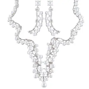 Bridal Wedding Jewelry Set Crystal Pearl Chunky V Drop Swirl Necklace Silver