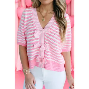 Pink and White Stripe Knit Contrast Trim Bow Knot Sweater
