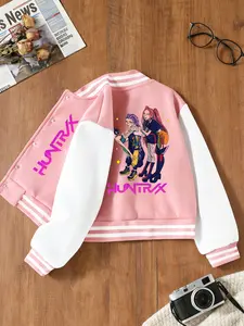 KPOP – The Huntress Girl Group" Girls' Spring & Fall Casual Creative Series Jacket, Cartoon Print Baseball Vest, Comfortable Sports Leisure Outerwear, New Year Gift, Casual Comfy Jacket