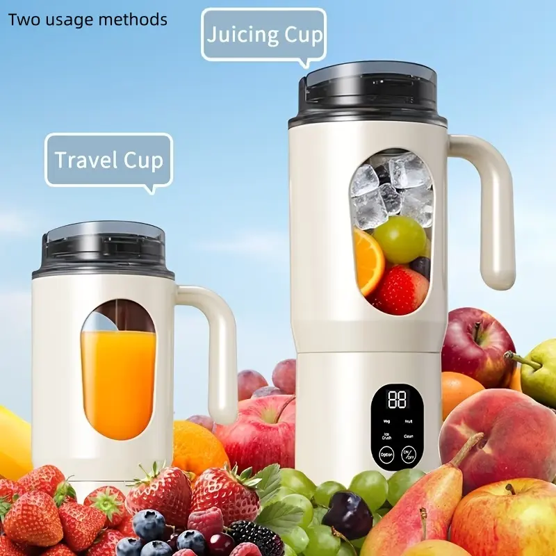 Portable USB Rechargeable Handheld Juice Blender - Li-Ion Battery-Powered Plastic Mini Kitchen Appliance with LED Display, for Smoothies, Ice Crushing (White)