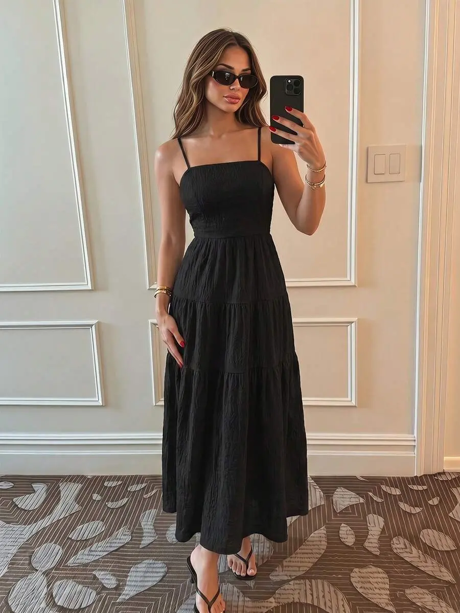 Peach Textured Fabric Drawstring Pleated Camisole Loose Flattering Vacation Style Sleeveless Dress