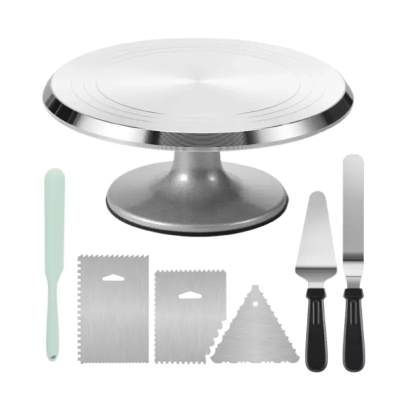 7pcs Round Aluminum Cake Turntable Baking Supplies Set - Includes Turntable, Scraper, Spatula - Pastry Decorating Tool for Home Bakers