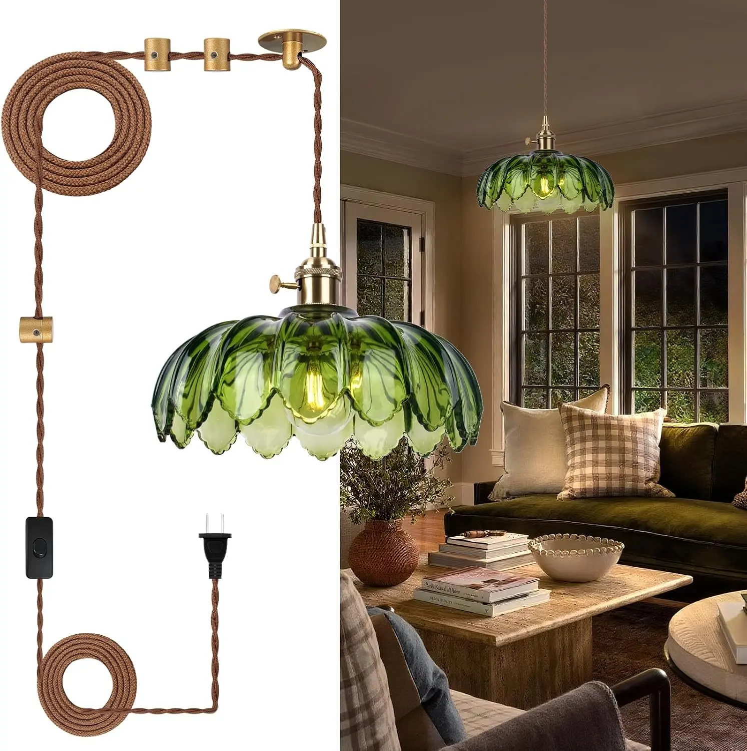Vintage Green Flower Glass Pendant Light, Hanging Ceiling Lamp Fixture for Kitchen Island, Bedroom, Dining Room, Living Room, Plug in Lighting