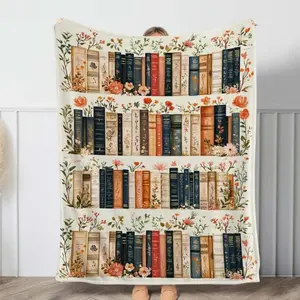 Vintage Bookshelf Library Throw Blanket Cozy Cottagecore Gift For Book Lovers Floral Bookish All-Season Home Bedroom Bed Sofa Picnic Cover Personalized Reader Blanket Christmas Present