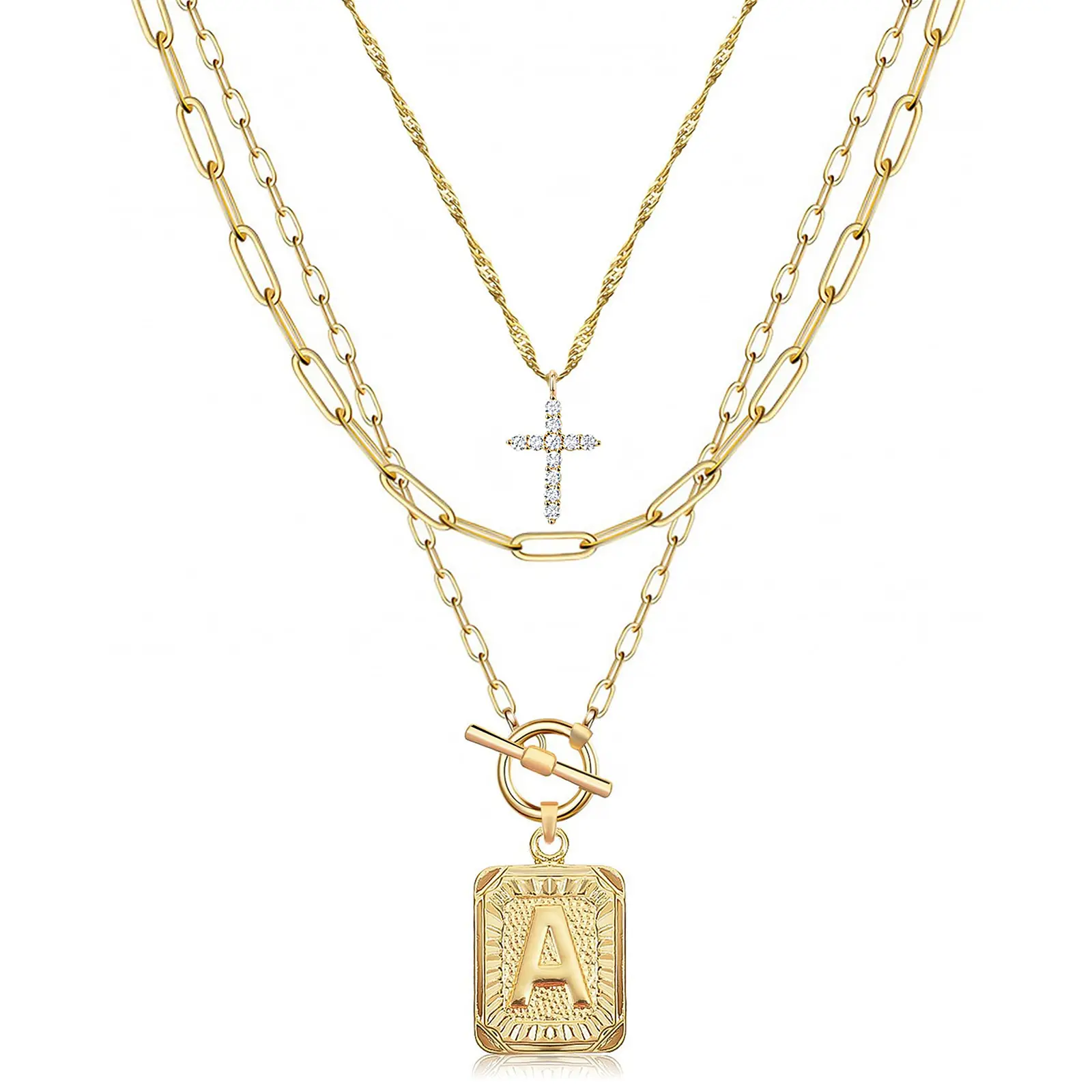 14K Gold Plated Layered Initial Necklaces for Women Trendy, Simple Cross Choker Square Letter Pendant Necklace, Paperclip Chain Necklaces Jewelry