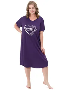 FEREMO Women's Plus Size Long Nightgown V-Neck Sleep Shirt Short Sleeve Fitted Soft Comfortable All-Season Loungewear for Indoor Wear