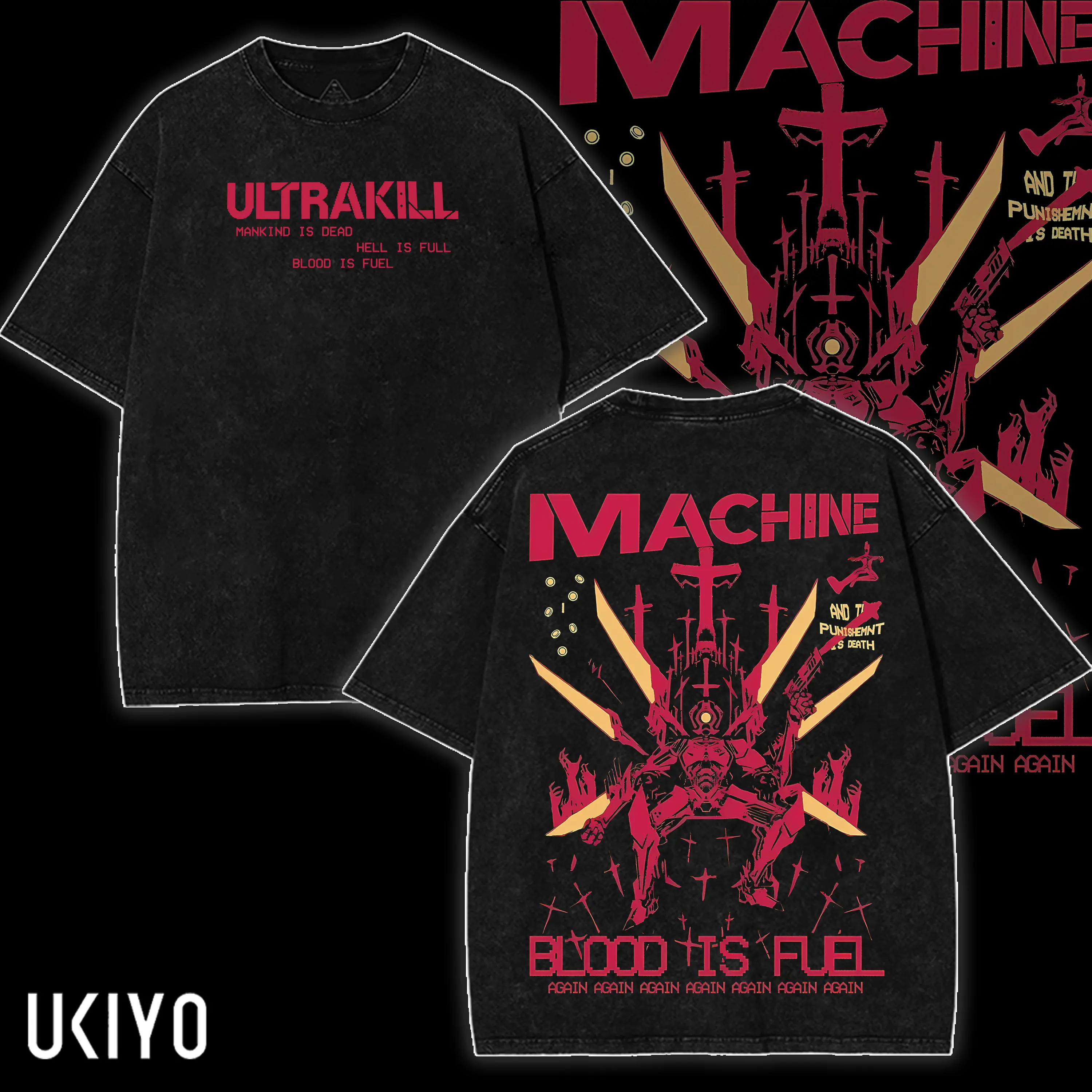 Ultrakill T-Shirt Mankind Is Dead Hell Is Full Blood Is Fuel Gaming Merch Vintage Acid Wash Oversized Heavyweight Cotton Graphic Streetwear Sweatshirt Unisex
