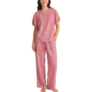 Flygo Gingham Pajamas for Women Puff Short Sleeve Babydoll Set Cute 2 Piece Henley Top Wide Leg Pants Lounge Pjs Sets