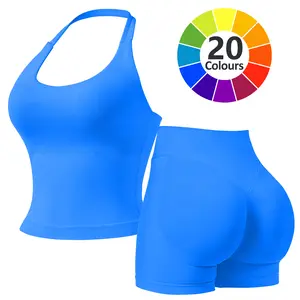 RICH BRIA Impact Sports Set, Womens Open Back Halter Top & High Waist Biker Shorts Butt Lifting Leggings Gym Set, Compression Tank Top Biker Shorts Sporty Breathable for Yoga Gym, Running Outfit, Ladies Sportswear, Workout , Athletic, Fitness Gymwear