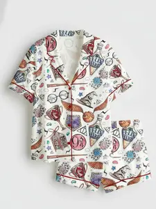 Women HP Wizard School Wizard Academy Magic School Short Sleeve Satin Pajama Set, Wizard Academy Magic Pajama Sleepwear, Nightwear Set Gift