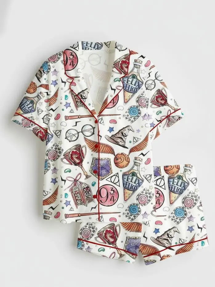 Women HP Wizard School Wizard Academy Magic School Short Sleeve Satin Pajama Set, Wizard Academy Magic Pajama Sleepwear, Nightwear Set Gift