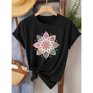Elegant Short-Sleeved Women'S T-Shirt with Mandala Pattern, Suitable for Spring, Summer, And Autumn  A Stylish And Versatile Top for Commuting, Vacations, And Everyday Wear, Available in Sizes S-