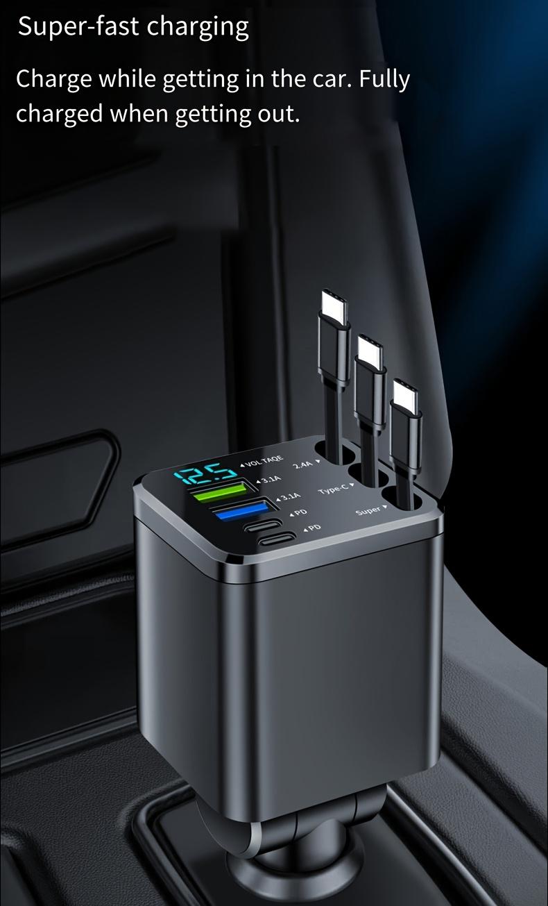 7-in-1 Car Charger — Retractable 3-in-1 Cable (Lightning + Built-in Type-C), PD 66W Fast Charging, and USB Port; Features Smart Chip Protection and Digital Voltage Monitoring; Widely Compatible with iPhone, Samsung, and Huawei Devices.