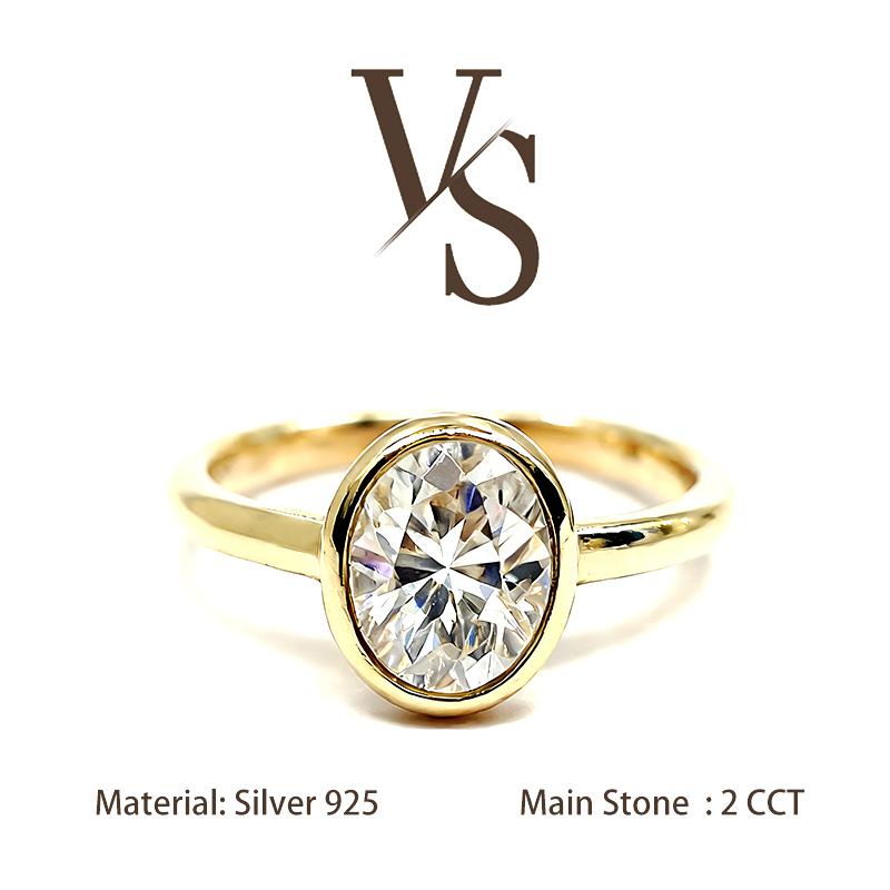 [Venus Jewelry] Synthetic Moissanite 2 CCT Oval Shape Bezel Design VVS 1 D Color Solid Silver 925 Solitare Ring