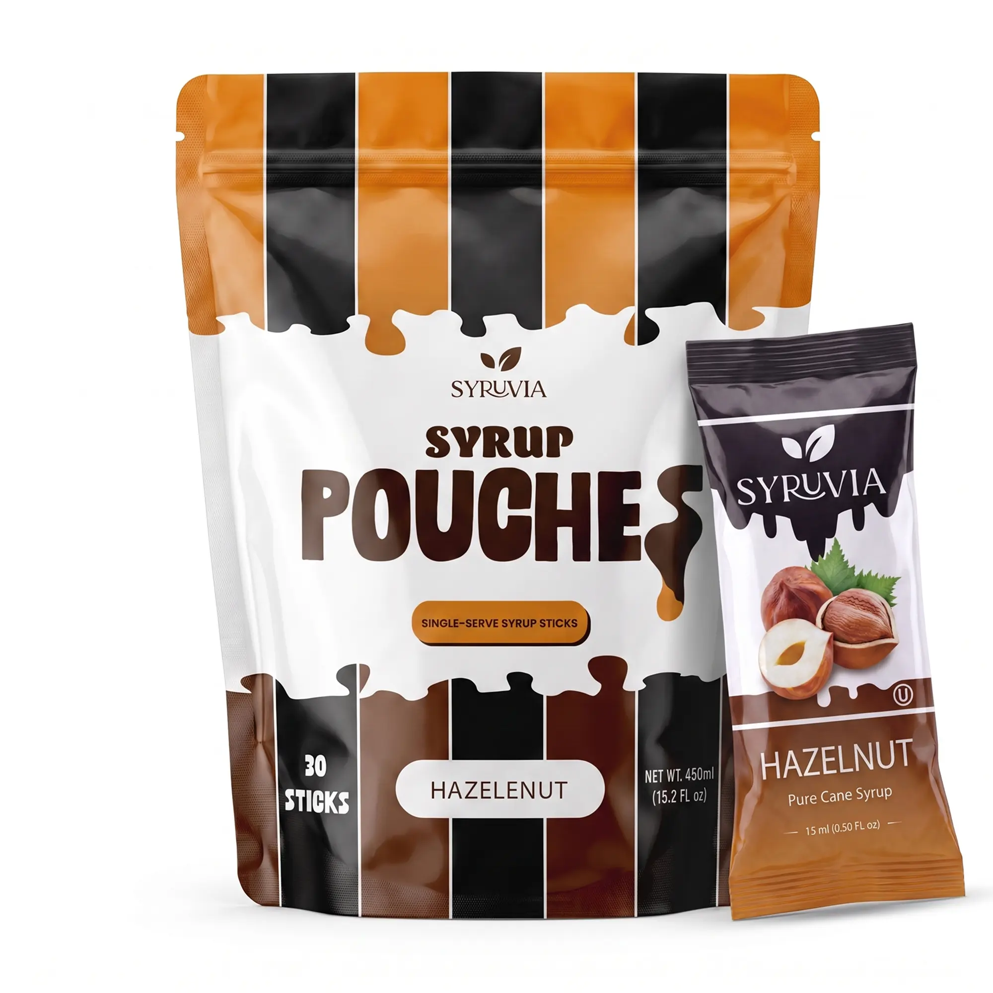 Syruvia Hazelnut Syrup Pouches, Coffee Syrup Sticks for Coffee, Tea, Lattes & Desserts, 30 Count (15 mL Each)
