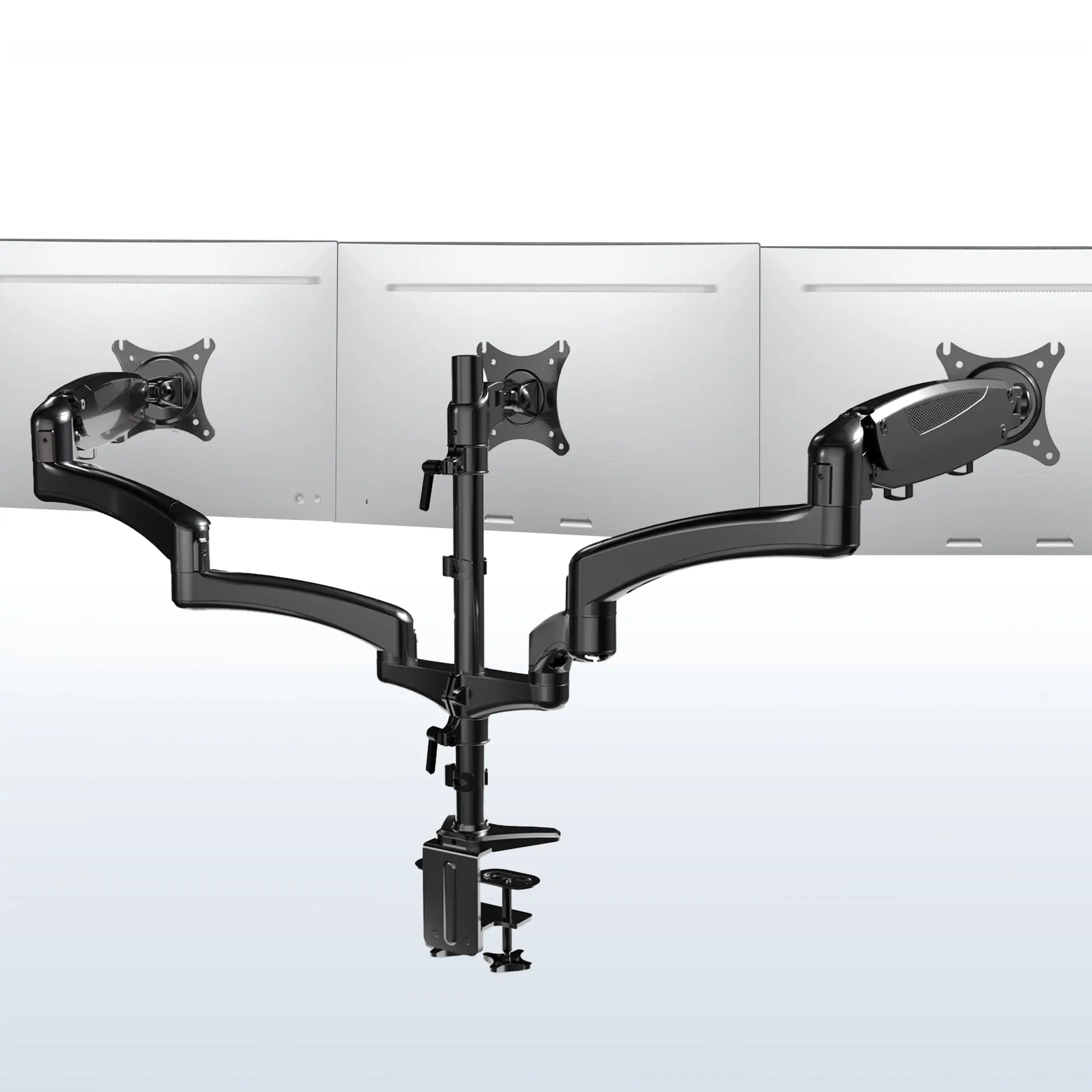 Adjustable Triple Monitor Desk Mount - 2 Pneumatic Metal Arms, 1 Fixed Metal Arm, Clamp Base Tabletop Mount, Fits Up to 32" Screens, Adjustable Monitor Stand, Assembly Required