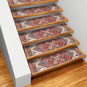15PCS Carpet Stair Treads Set Self-adhesive Backing Non Slip Indoor Stair Rugs Reusable Stairway Carpet Rugs Bohemian Indoor Skid Resistant Stair Tread for Wooden Steps for Dogs Kids & Elder