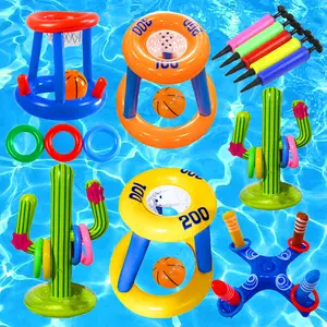 Pool Party Essentials 2-in-1 Inflatable Pool Basketball Hoop & Ring Toss Game Set - Durable PVC Floating Basketball Goal - Outdoor Water Sports & Interactive Summer Party Toy for Kids and Adults outdoorfun
