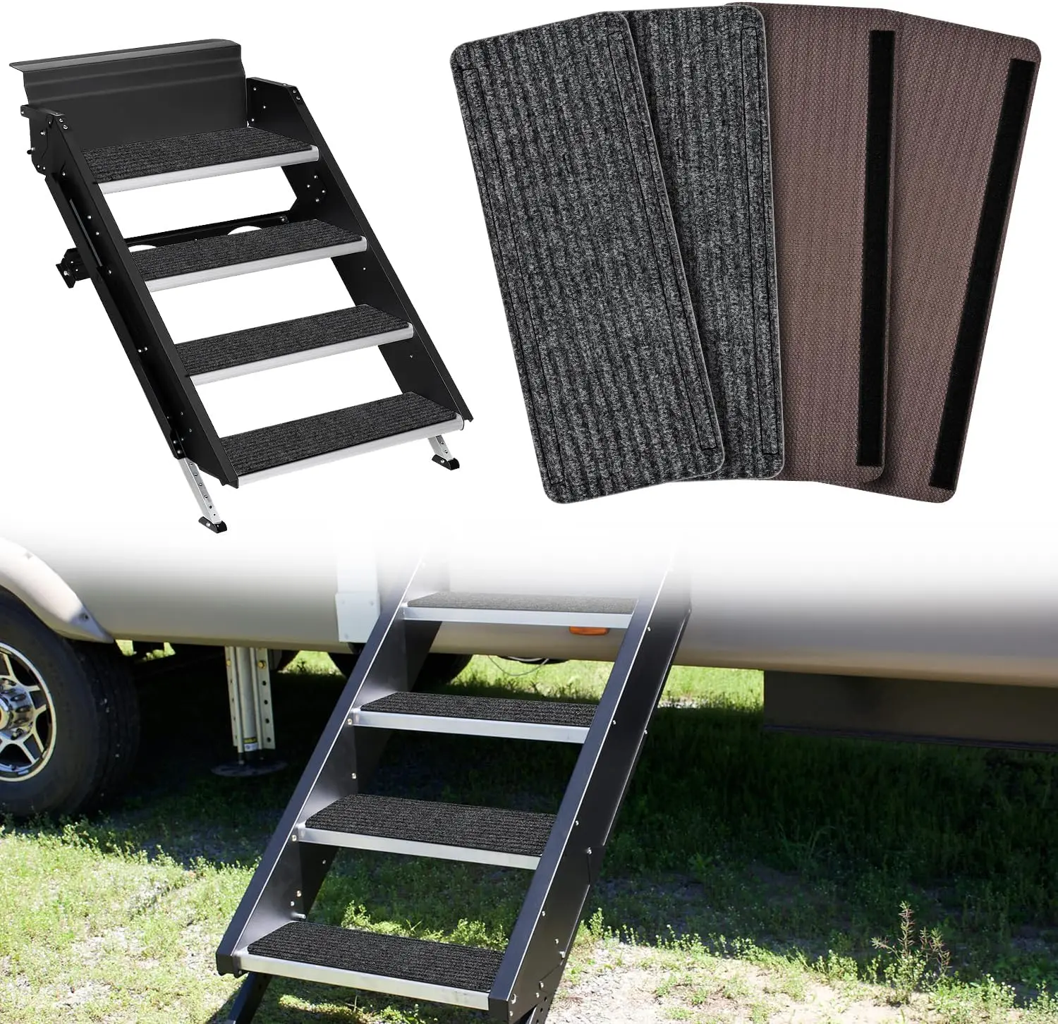 Nilight RV Step Covers 4 Pack 19 x 7.5 inches, Non Slip Camper Stair Cover Rug with Hook & Loop Works on Electrical Manual RV Stairs Carpet Step Rug for Mobile Home Camper Trailers Steps Outside, Gray Hook And Loop Foot Protection, Polyester, Traps Dirt