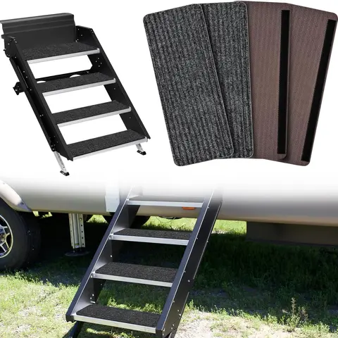 Nilight 4pcs 19x7.5in Polyester Hook-and-Loop RV Step Rug Set, Anti-Slip Dirt-Trapping Covers - Foot Protection for RV Stairs, Stay-Put Grip, Quick Rinse Clean, Fade-Resistant, Double-Layer Wear, Gray for Campers