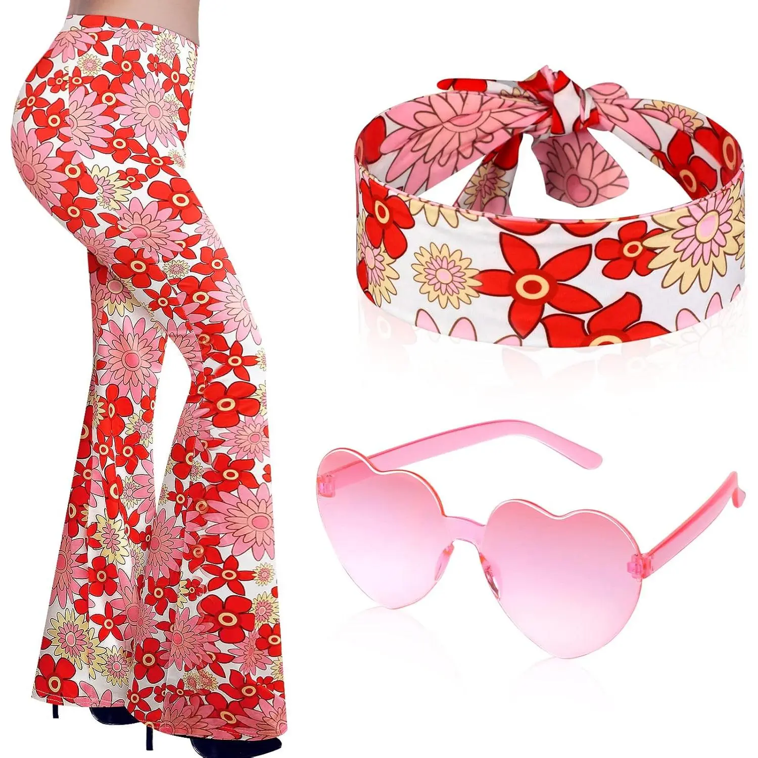 Women's 3-Piece Retro 60s-70s Hippie Disco Outfit Set - Groovy Flared Pants, Floral Headband, Casual Party Dress