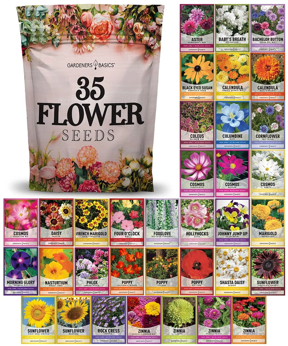 Flower Seed Kit – 35 Heirloom & Open-Pollinated Varieties for Decorative, Blooming Outdoor Gardens – Annual & Perennial Mix, Great Gift Seeds For Planting Botanical Interest Seeds